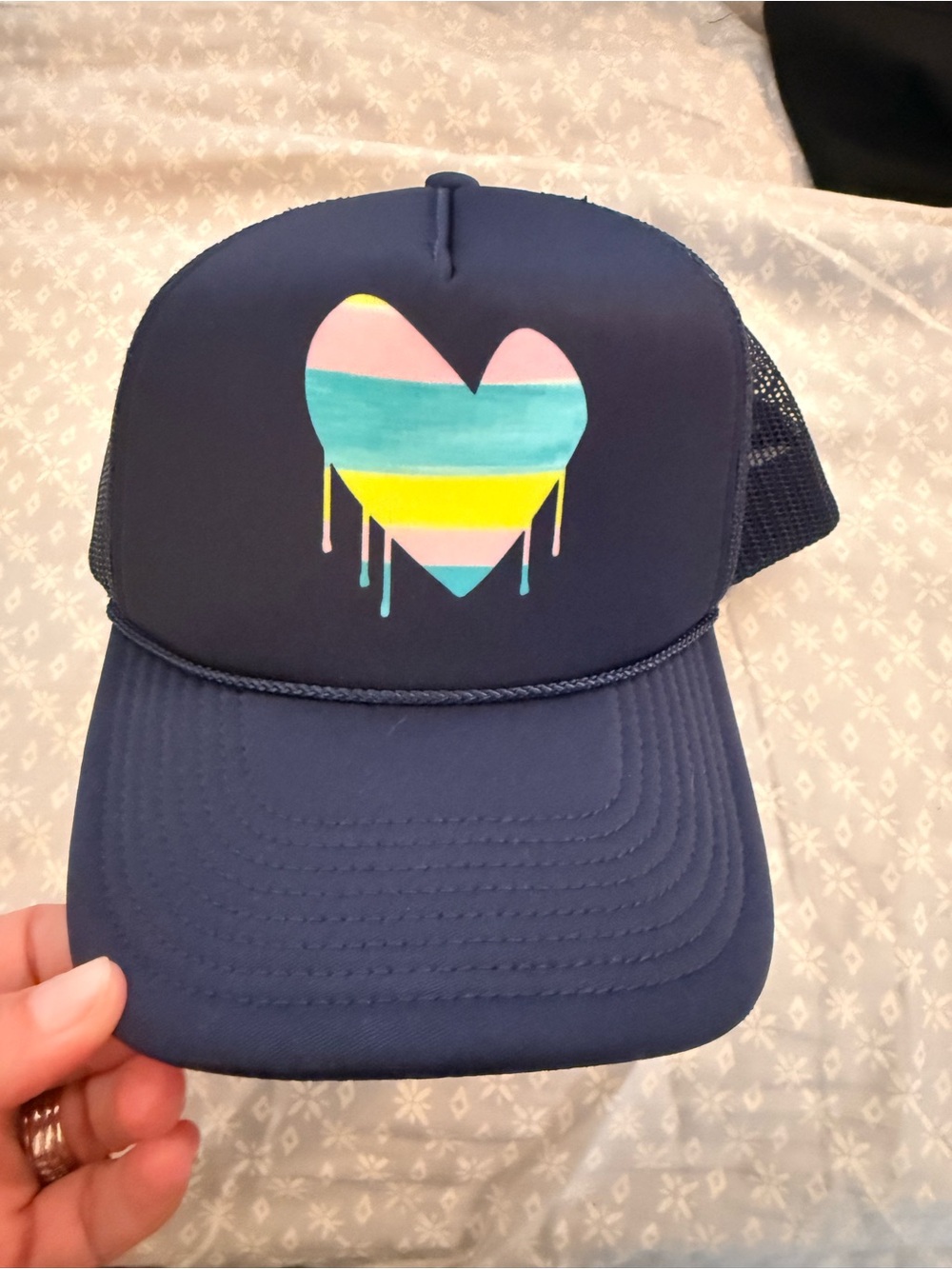 Women’s Navy Trucker Hat with Multicolor Drip Heart